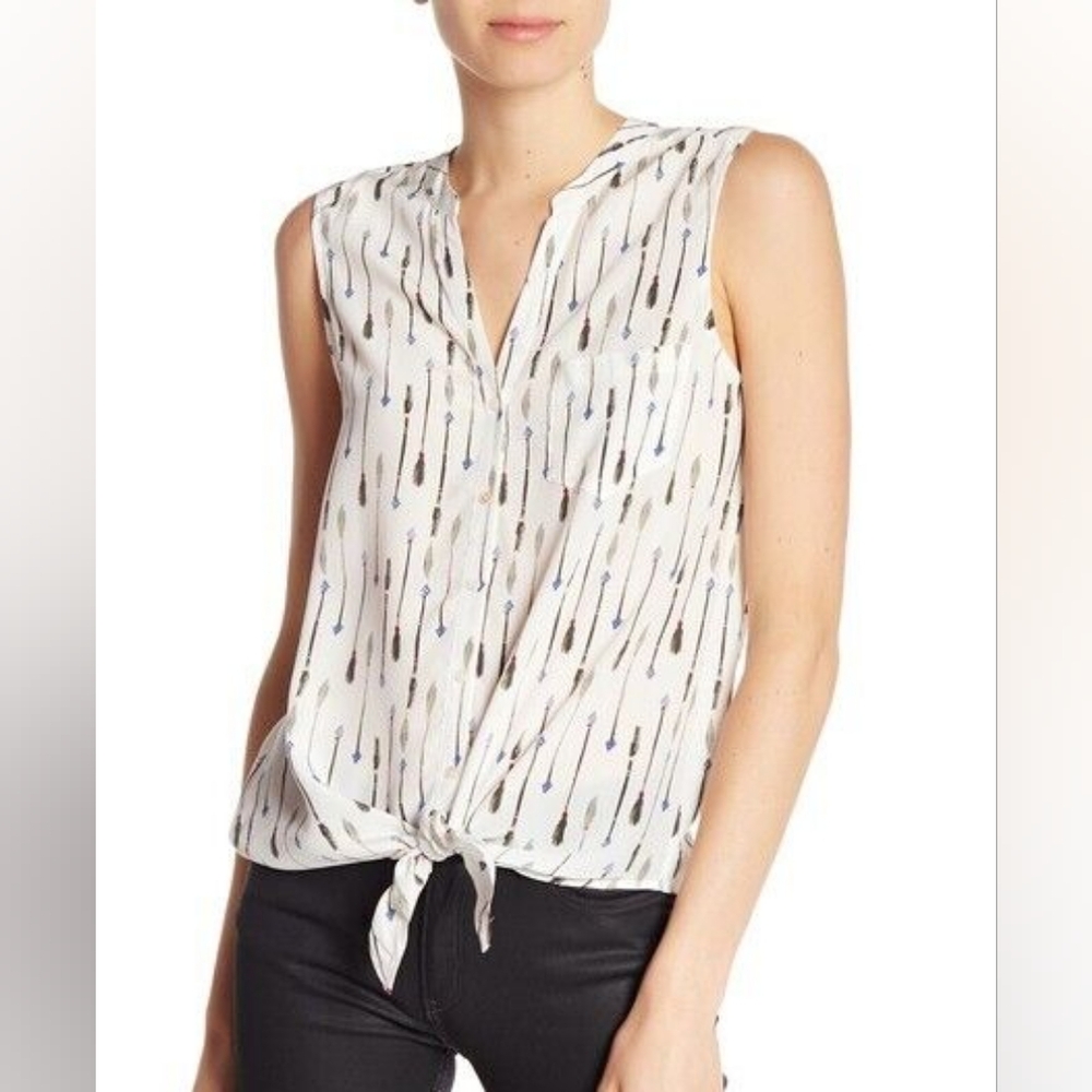 Joie -Edalette Ivory Arrow Print Silk Tie Button Front Tank Top Blouse - Size XS